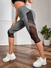 Yoga Trendy 寬腰帶網紗拼接運動打底褲帶手機口袋 - 灰色 - 查看 4