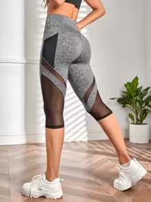 Yoga Trendy 寬腰帶網紗拼接運動打底褲帶手機口袋 - 灰色 - 查看 5
