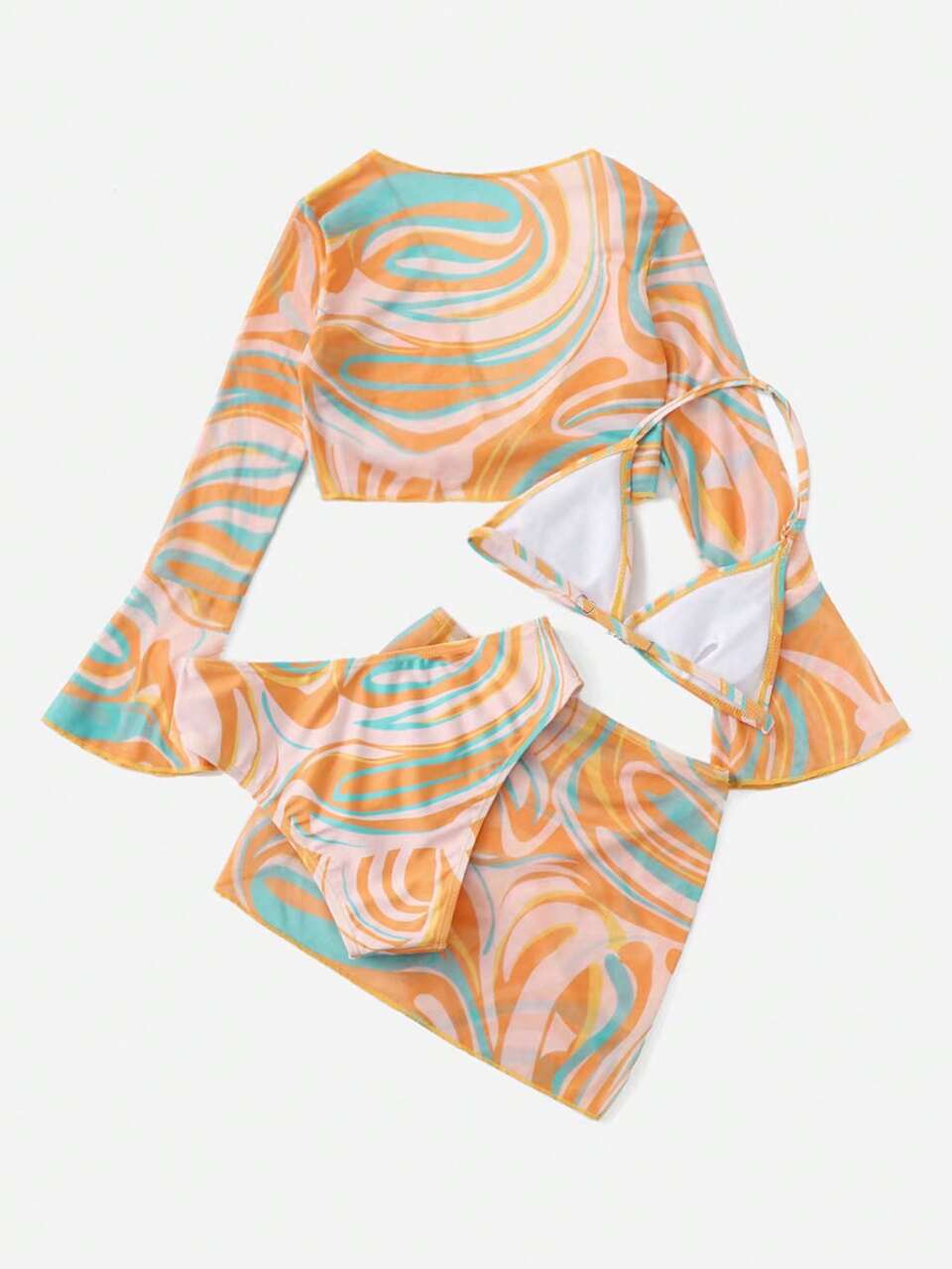 Tween Girl 4packs Fluid Pattern Halter Bikini Set & Cover Up Top With Skirt Set, Mommy And Me Matching Outfits (Sold Separately) Summer Beach