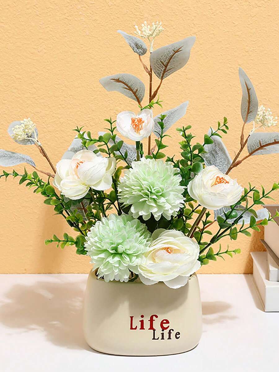 1pc Porcelain Vase, Letter Graphic Flower Vase For Home Decor - Beige - View 1