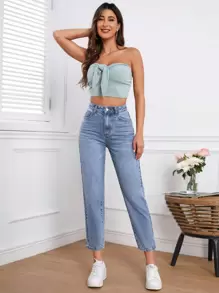 SHEIN Frenchy High Waist Mom Fit Jeans - Light Wash - View 5