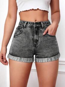 SHEIN EZwear Roll Up Hem Denim Shorts - Black - View 1