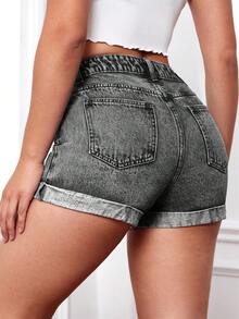 SHEIN EZwear Roll Up Hem Denim Shorts - Black - View 2