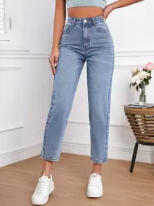SHEIN Frenchy High Waist Mom Fit Jeans - Light Wash - View 6