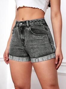 SHEIN EZwear Roll Up Hem Denim Shorts - Black - View 4