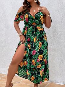 SHEIN Holidaya Plus Tropical Print Cold Shoulder Belted Dress