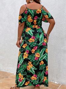 SHEIN Holidaya Plus Tropical Print Cold Shoulder Belted Dress