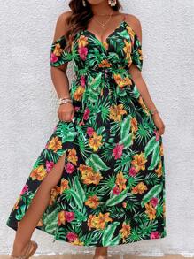 SHEIN Holidaya Plus Tropical Print Cold Shoulder Belted Dress