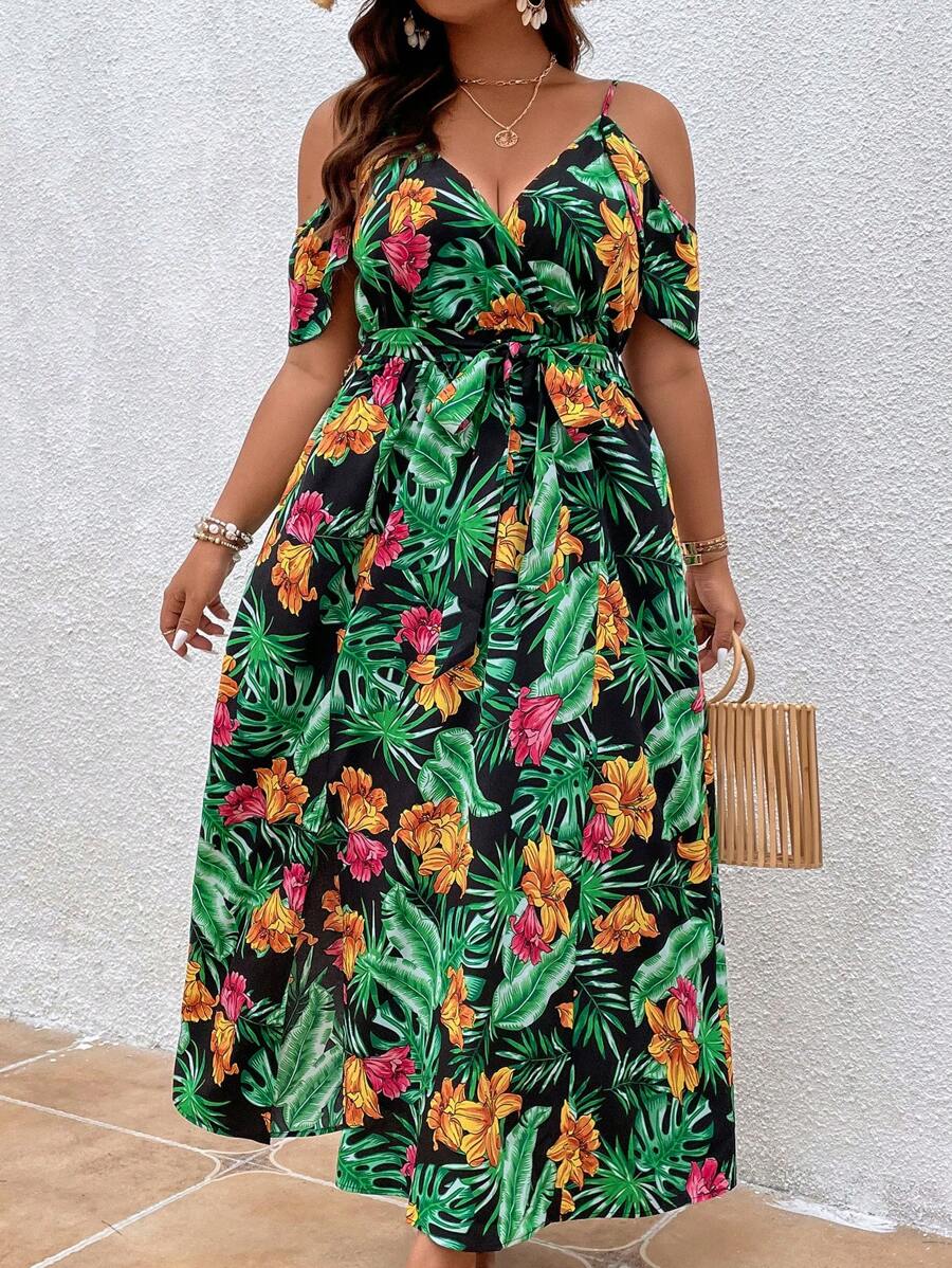 SHEIN Holidaya Plus Tropical Print Cold Shoulder Belted Dress