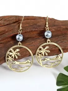 椰子樹和海灘細節圓圈裝飾耳墜 - 金色 - 查看 1