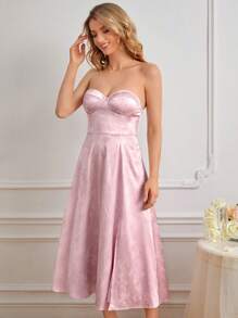 SHEIN Belle 花卉圖案提花高衩緊身上衣抹胸伴娘洋裝