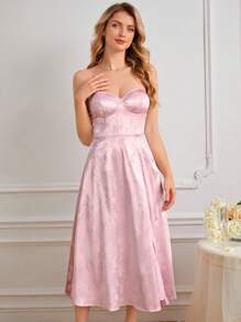 SHEIN Belle 花卉圖案提花高衩緊身上衣抹胸伴娘洋裝