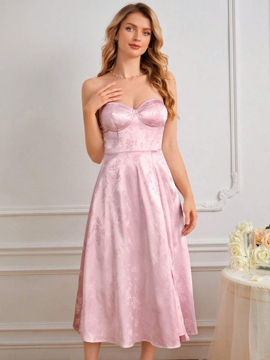 SHEIN Belle 花卉圖案提花高衩緊身上衣抹胸伴娘洋裝