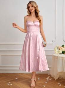 SHEIN Belle 花卉圖案提花高衩緊身上衣抹胸伴娘洋裝