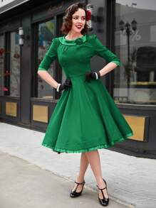 MUXXN Ruffle Trim Bow Front Dress Vintage Dress - Green - View 1