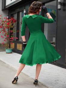 MUXXN Ruffle Trim Bow Front Dress Vintage Dress - Green - View 2