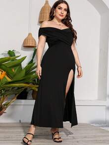 Đầm Plus Size Xù Trọn gói Tách cao màu trơn Thanh lịch - màu đen - Xem 3