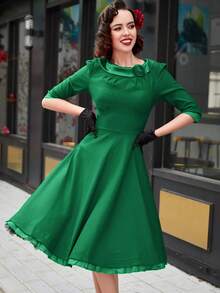 MUXXN Ruffle Trim Bow Front Dress Vintage Dress - Green - View 3