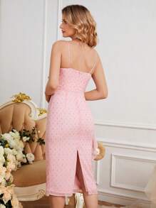 SHEIN Belle Đầm Xù Chia Dây kéo Tất cả trên in Thanh lịch - Màu Hồng baby - Xem 3