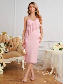 SHEIN Belle Đầm Xù Chia Dây kéo Tất cả trên in Thanh lịch - Màu Hồng baby - Xem 1