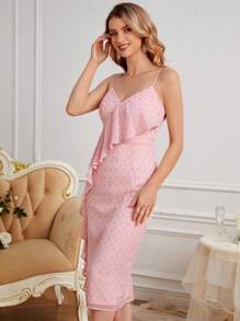 SHEIN Belle Đầm Xù Chia Dây kéo Tất cả trên in Thanh lịch - Màu Hồng baby - Xem 6