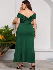Plus Solid Off Shoulder Split Thigh Dress - Green - View 2