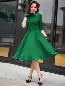 MUXXN Ruffle Trim Bow Front Dress Vintage Dress - Green - View 4