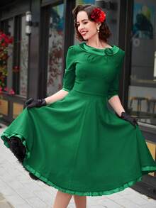 MUXXN Ruffle Trim Bow Front Dress Vintage Dress - Green - View 5