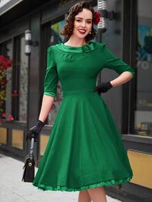 MUXXN Ruffle Trim Bow Front Dress Vintage Dress - Green - View 6
