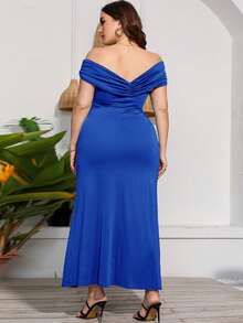 Plus Solid Off Shoulder Split Thigh Dress - Blue - View 2