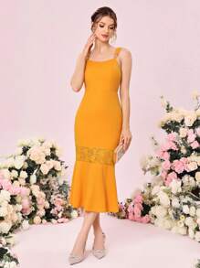 SHEIN Belle 蕾絲拼接魚尾裙下擺伴娘連衣裙 - 芥末黃 - 查看 1