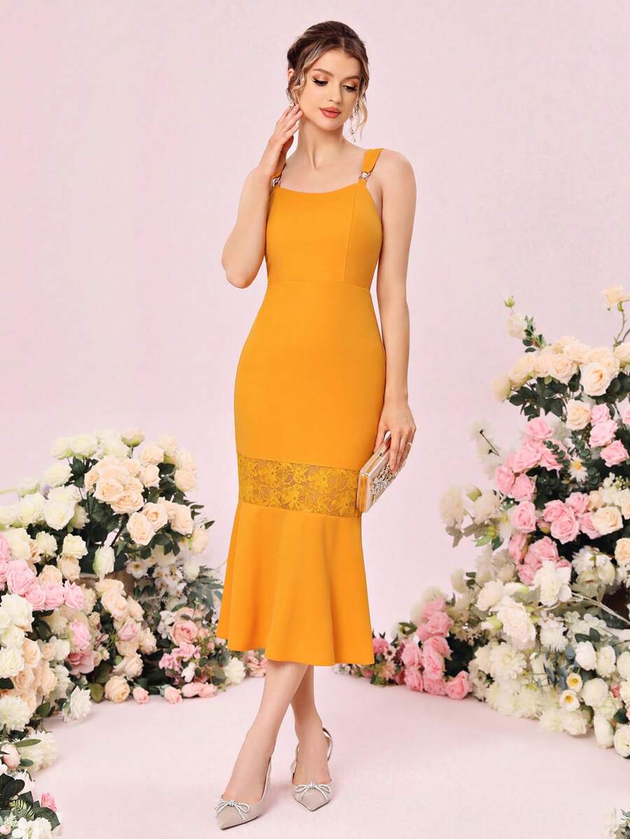 SHEIN Belle 蕾絲拼接魚尾裙下擺伴娘連衣裙 - 芥末黃 - 查看 1