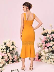 SHEIN Belle 蕾絲拼接魚尾裙下擺伴娘連衣裙 - 芥末黃 - 查看 2