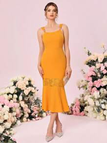 SHEIN Belle 蕾絲拼接魚尾裙下擺伴娘連衣裙 - 芥末黃 - 查看 4