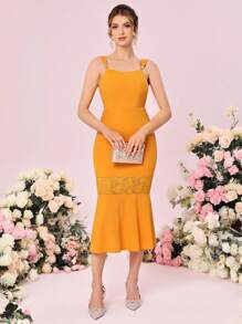 SHEIN Belle 蕾絲拼接魚尾裙下擺伴娘連衣裙 - 芥末黃 - 查看 3