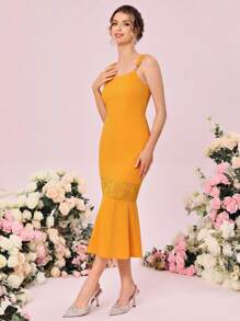 SHEIN Belle 蕾絲拼接魚尾裙下擺伴娘連衣裙 - 芥末黃 - 查看 6