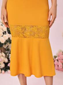 SHEIN Belle 蕾絲拼接魚尾裙下擺伴娘連衣裙 - 芥末黃 - 查看 8