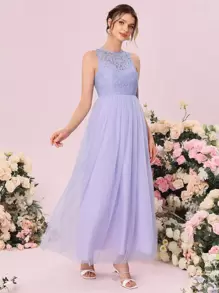 SHEIN Belle Contrast Lace Mesh Overlay Bridesmaid Dress - Lilac Purple - View 1
