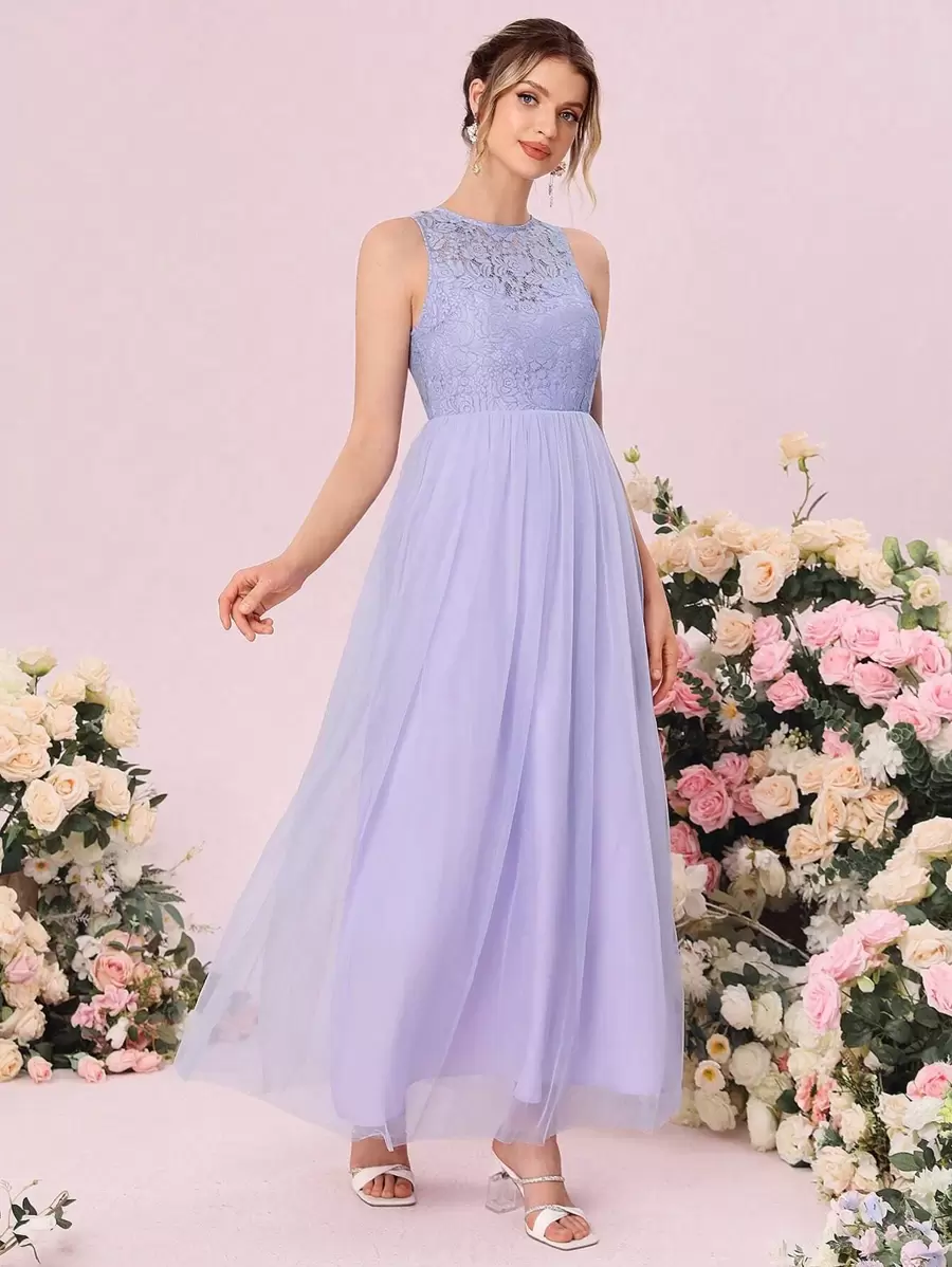 SHEIN Belle Contrast Lace Mesh Overlay Bridesmaid Dress - Lilac Purple - View 1