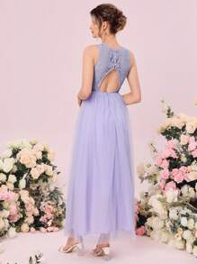 SHEIN Belle Contrast Lace Mesh Overlay Bridesmaid Dress - Lilac Purple - View 2