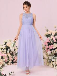 SHEIN Belle Contrast Lace Mesh Overlay Bridesmaid Dress - Lilac Purple - View 6