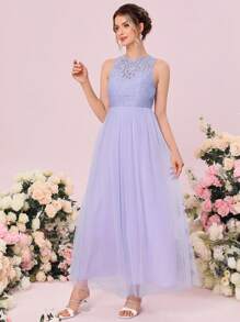 SHEIN Belle Contrast Lace Mesh Overlay Bridesmaid Dress - Lilac Purple - View 5
