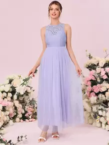 SHEIN Belle Contrast Lace Mesh Overlay Bridesmaid Dress - Lilac Purple - View 4