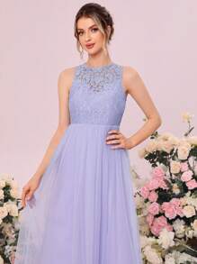 SHEIN Belle Contrast Lace Mesh Overlay Bridesmaid Dress - Lilac Purple - View 3