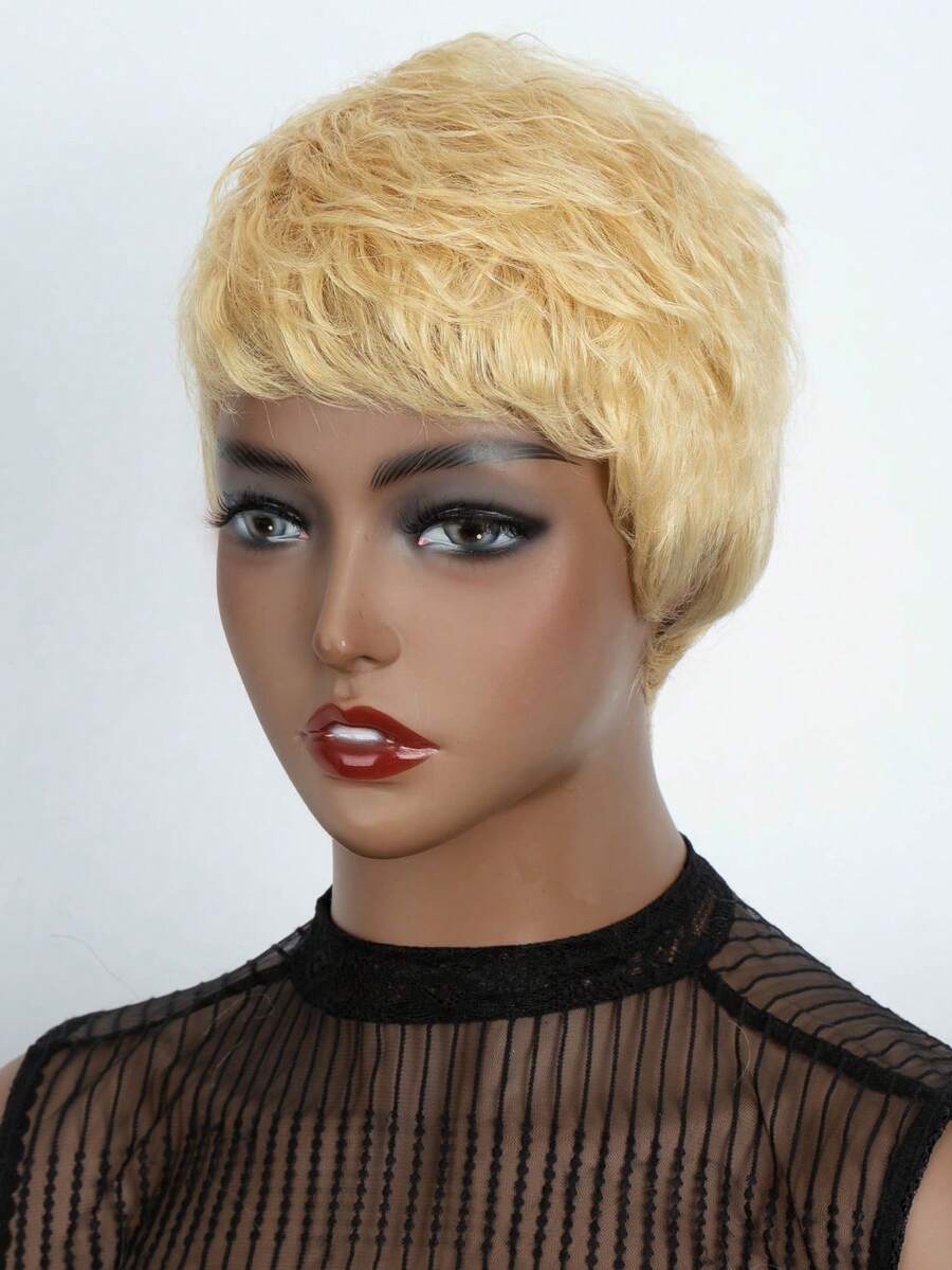 Peluca de cabello humano de color con corte pixie rizado corto con flequillo - S613 - Ver 1