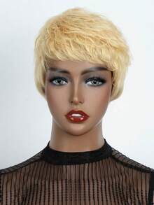 Peluca de cabello humano de color con corte pixie rizado corto con flequillo - S613 - Ver 3