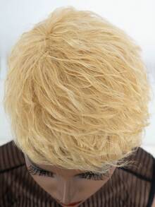 Peluca de cabello humano de color con corte pixie rizado corto con flequillo - S613 - Ver 5