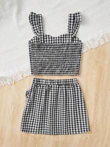 SHEIN Girls Gingham Print Ruffle Trim Top & Button Front Skirt - Black and White - View 2