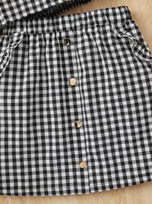 SHEIN Girls Gingham Print Ruffle Trim Top & Button Front Skirt - Black and White - View 3