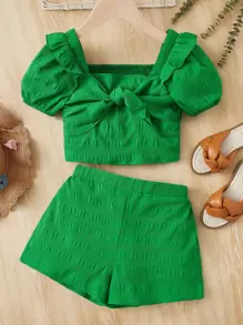 SHEIN 女孩荷葉邊前打結短款上衣和短褲 - 綠色 - 查看 1